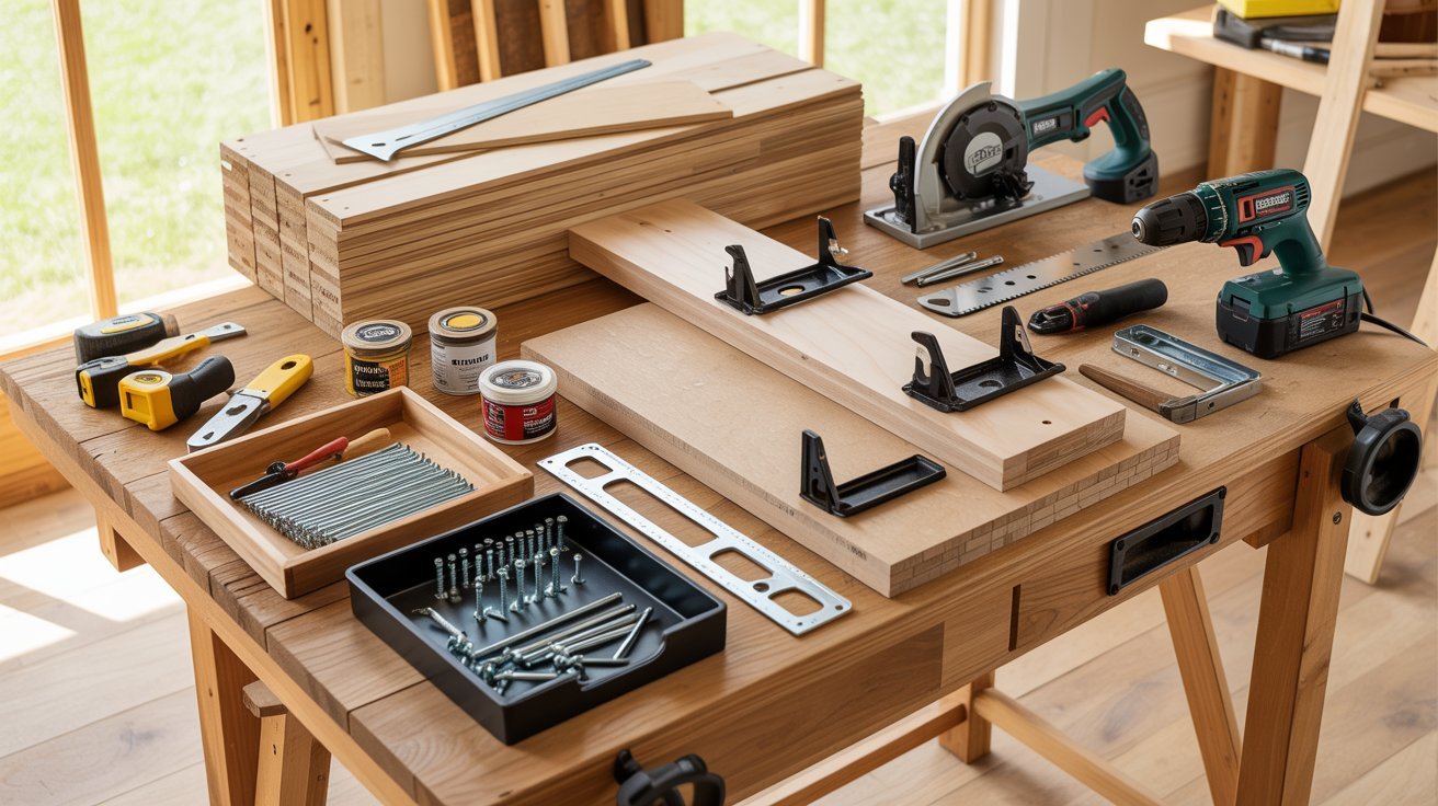 Shed door materials and tools arranged neatly on workbench before construction begins.