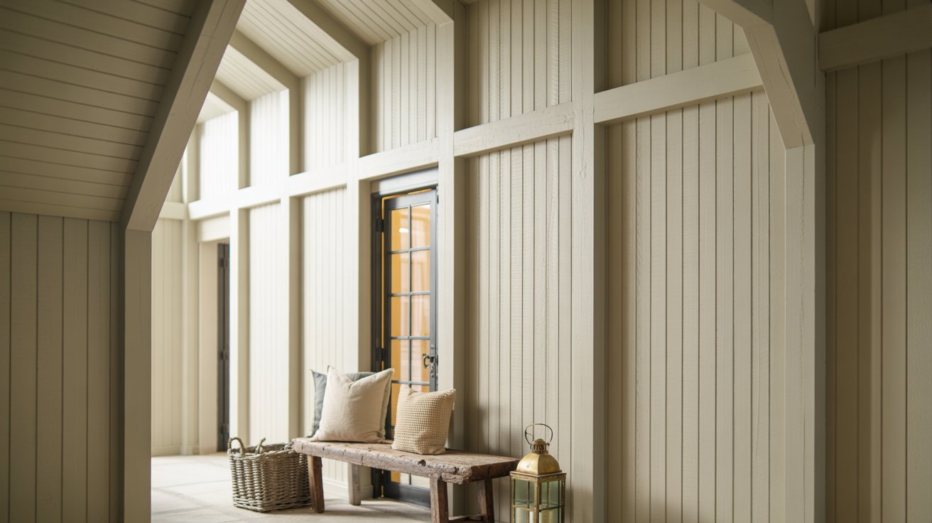 Floor to ceiling farmhouse board and batten entryway design.