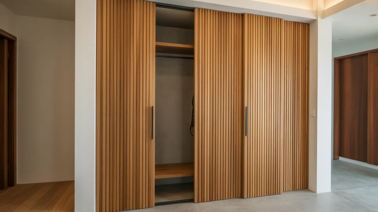 Wooden slat doors on a laundry closet.