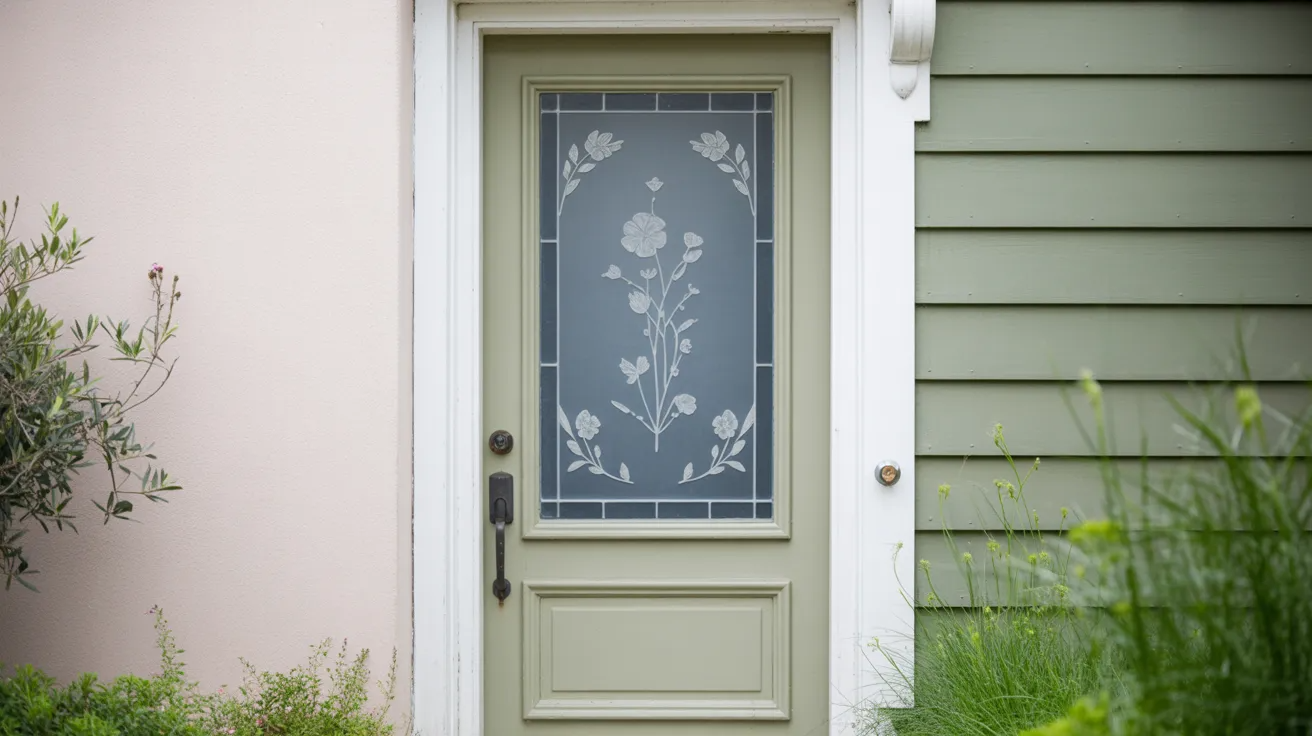 Front door with frosted floral etched glass entryway creating a soft garden-inspired look.
