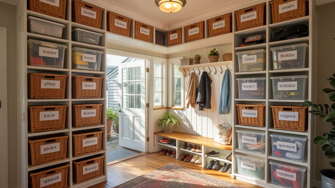 Overhead storage shelves in a breezeway mudroom.