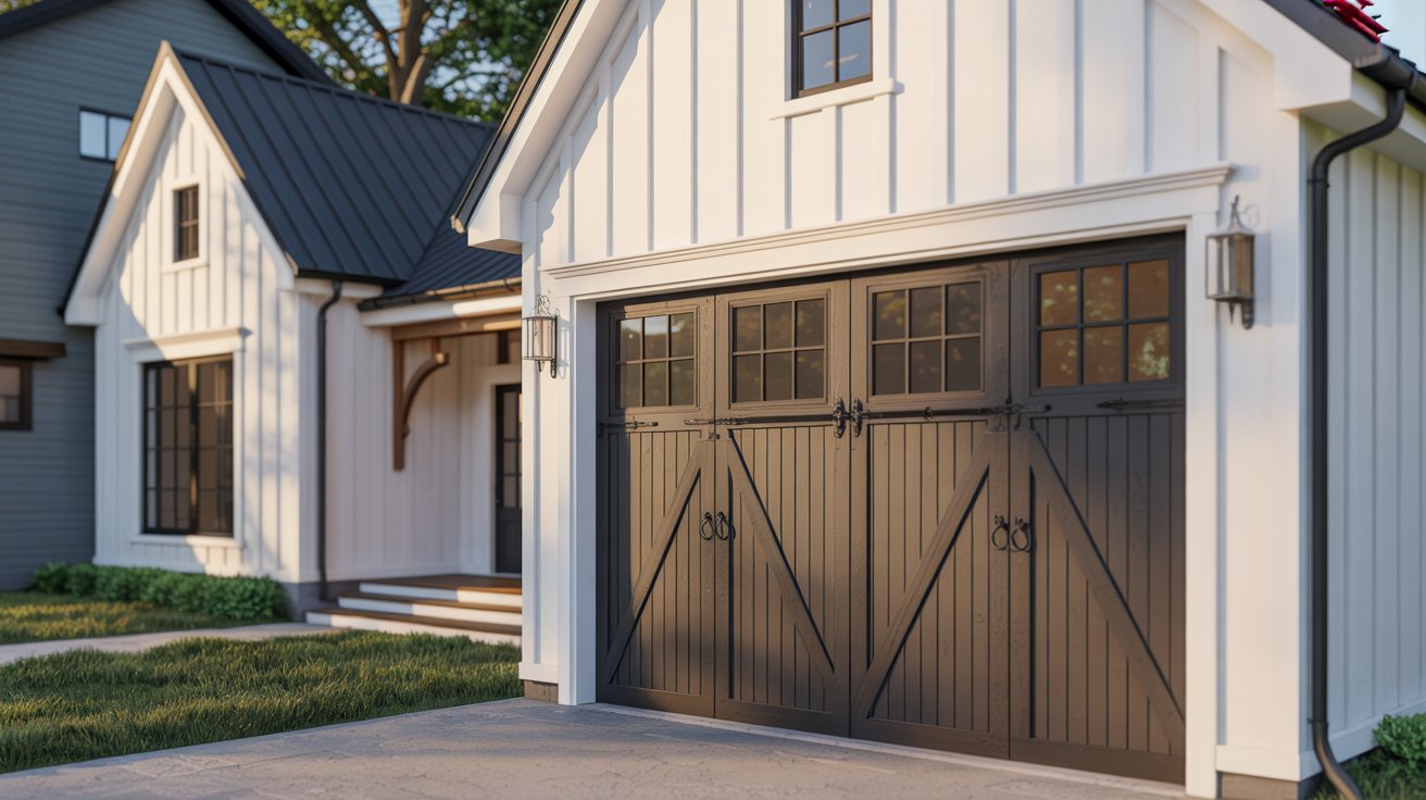 "White modern farmhouse with black carriage-style garage doors and decorative iron hardware."