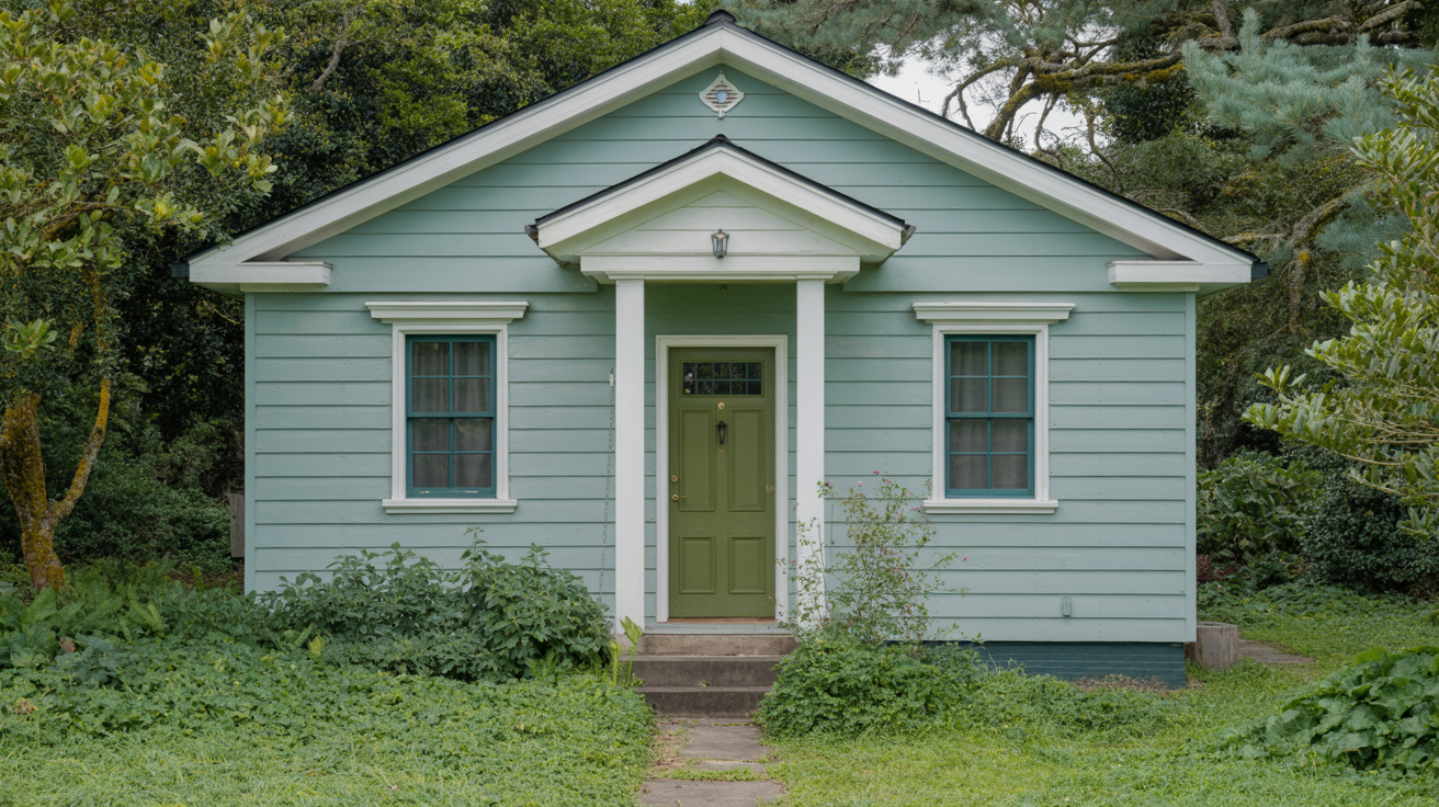 Blue house paired with a green front door and natural landscaping.
