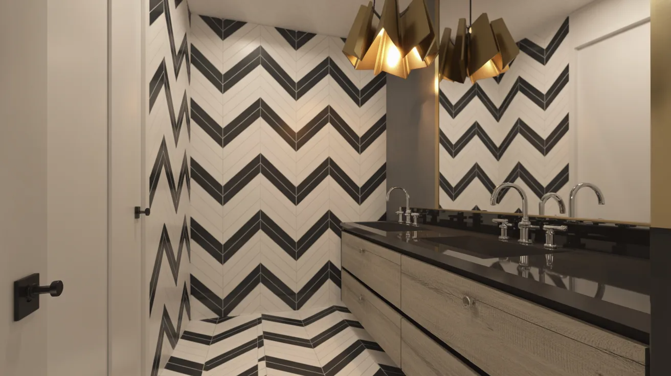 Contemporary hallway bathroom with geometric tiles, bold lighting, and mixed textures.