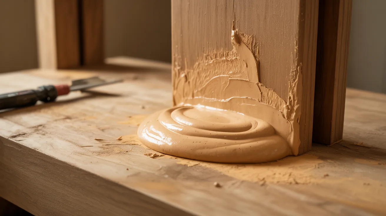 Freshly applied wood filler drying on a door frame with a small raised mound on the surface