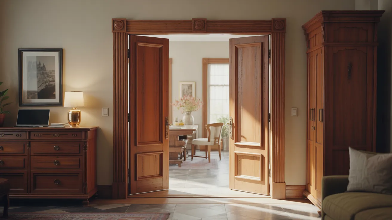 Traditional wood door frame with natural grain and classic design.