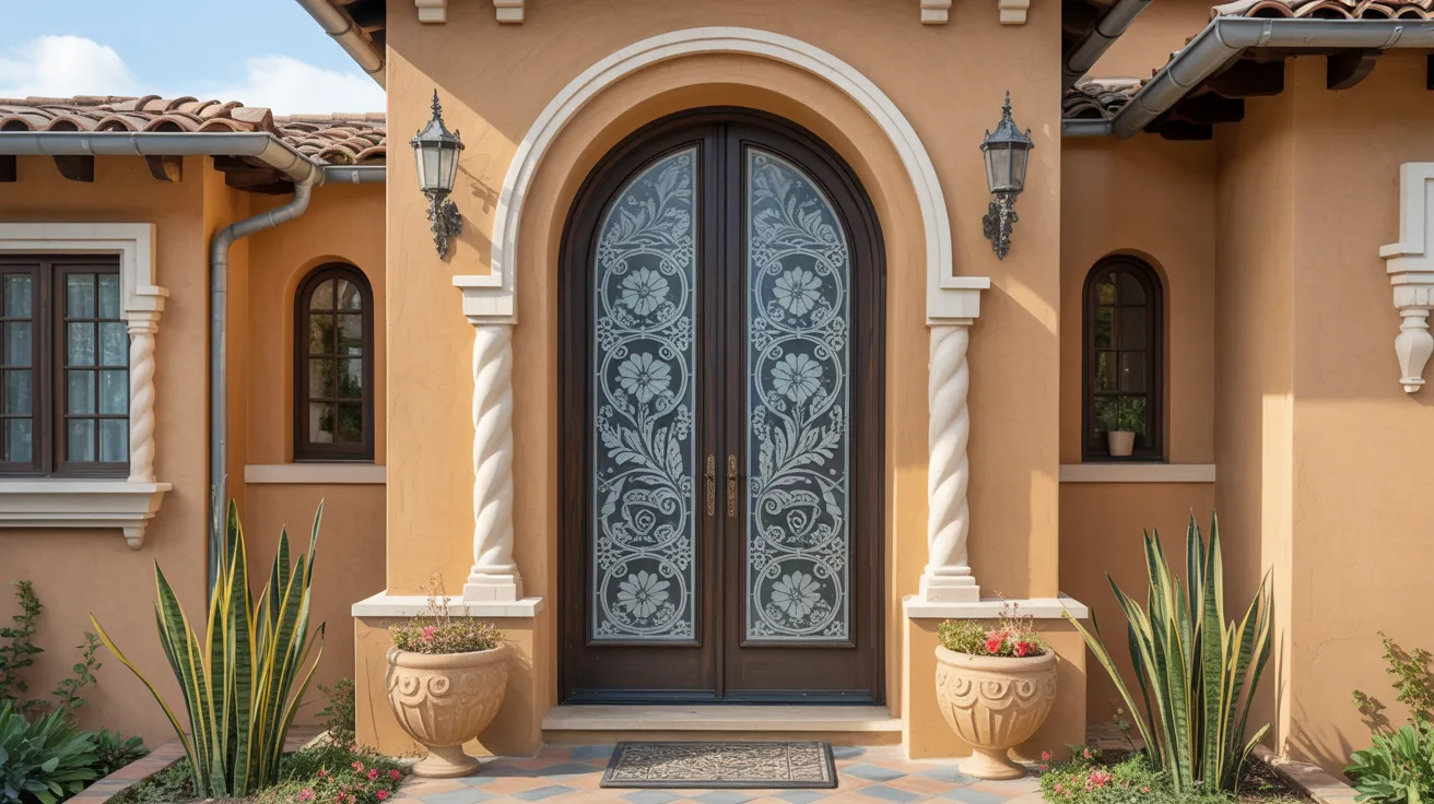 Mediterranean front door with detailed etched glass patterns inspired by traditional design.