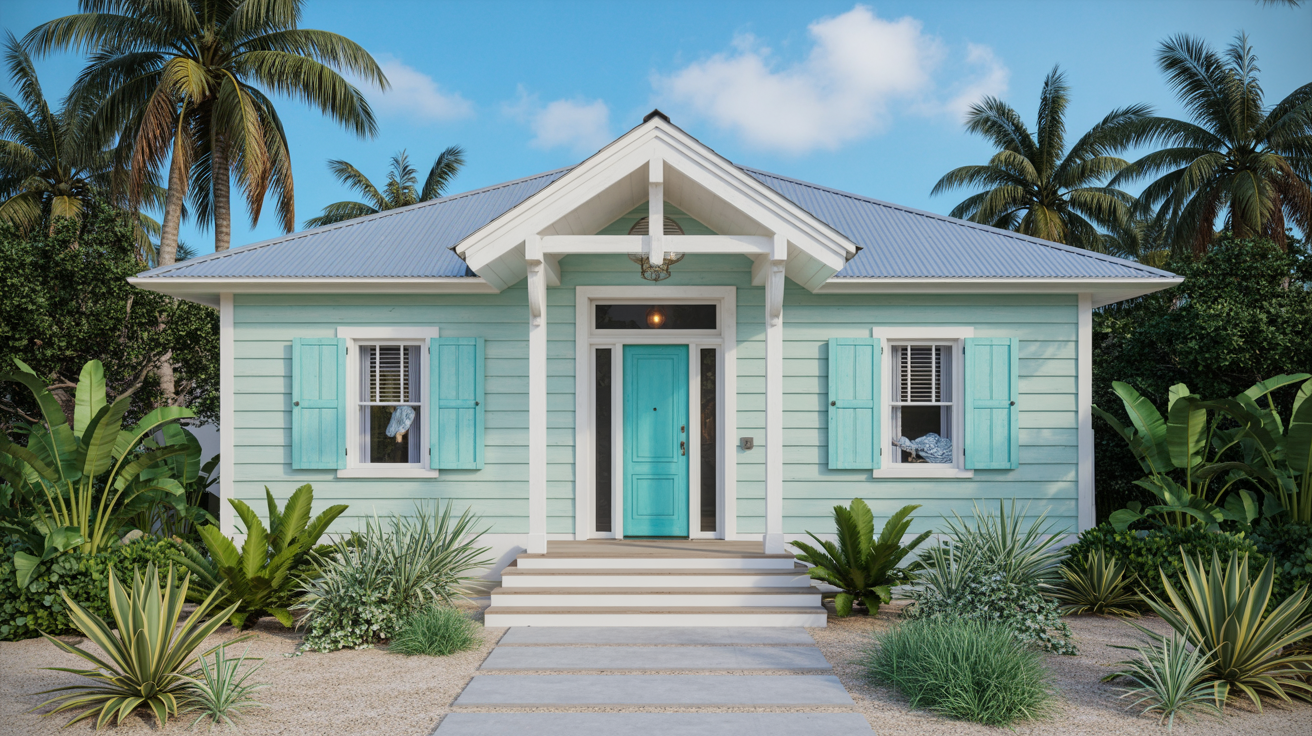 Blue coastal home with a turquoise front door.