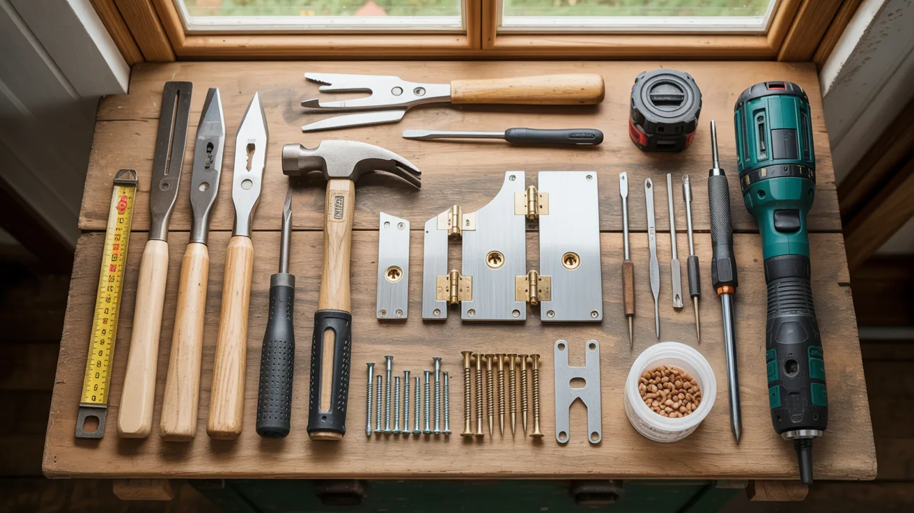 Tools and materials needed for installing door hinges arranged on a workbench