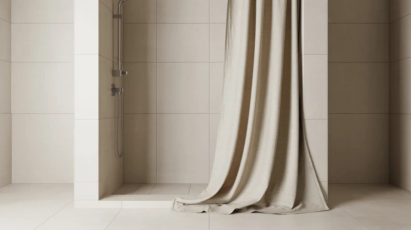 Realistic walk-in shower with curtain highlighting cost savings, easy cleaning, and flexible bathroom design choice.
