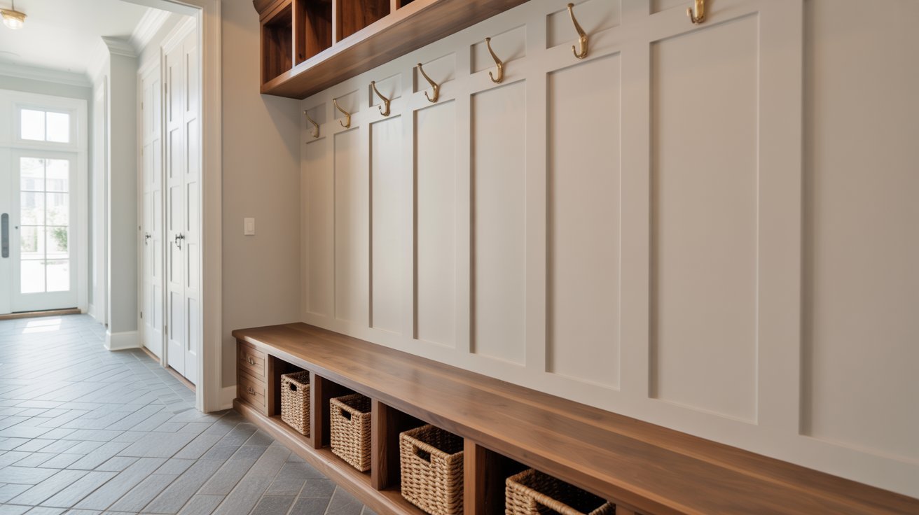 Board and batten entryway featuring built-in bench seating and practical storage solutions.