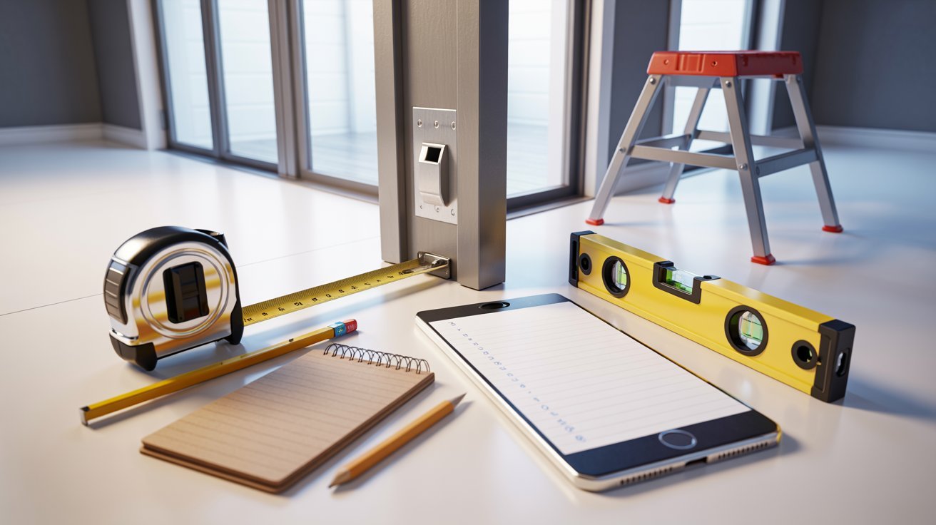 Essential door measuring tools including tape measure, level, notepad, smartphone, and step stool.