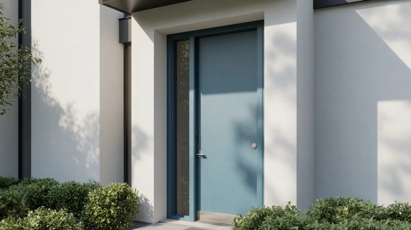Realistic blue front door representing calmness, trust, and stability in modern home entrance design.