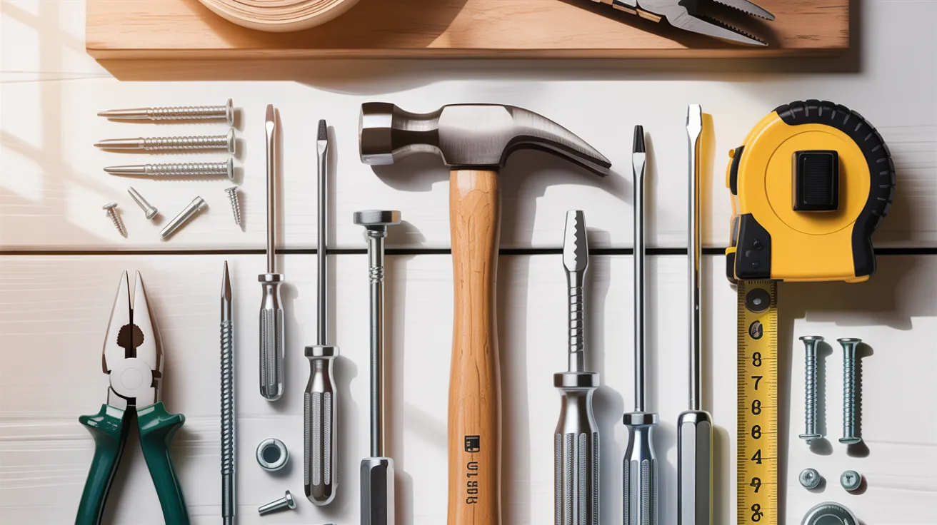 DIY door frame repair tools laid flat including putty knife, sandpaper, wood filler, and primer