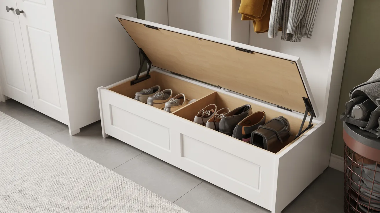 Mudroom bench with flip-top seat revealing hidden storage space inside.