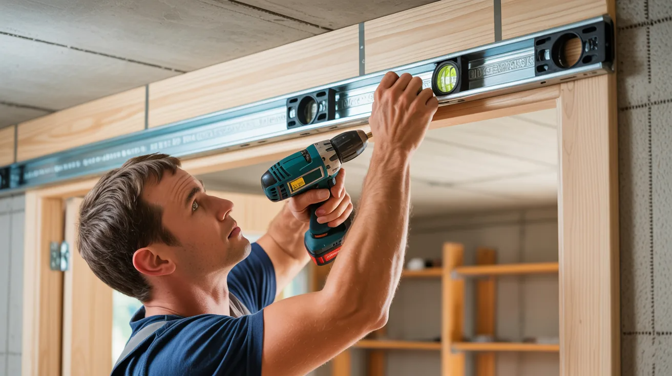 Installing a metal top track inside the door frame using a drill and level for accurate alignment.