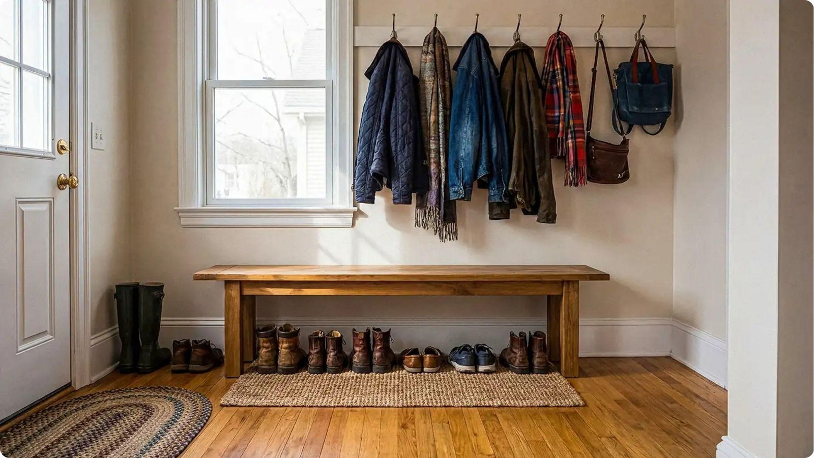 Simple mudroom setup with wooden bench and wall hooks for coats and bags by a window.