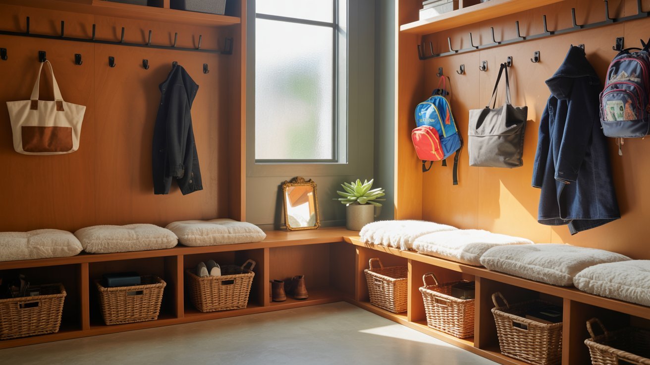 "Modern mudroom drop zone with organized shoe storage, wall hooks, wooden bench, and clutter-free entryway design."