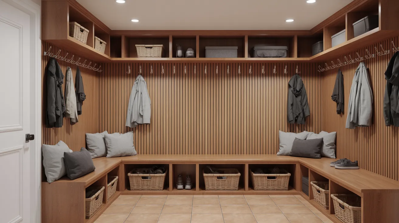 Wrap-around corner bench designed for an L-shaped mudroom with integrated seating and storage.