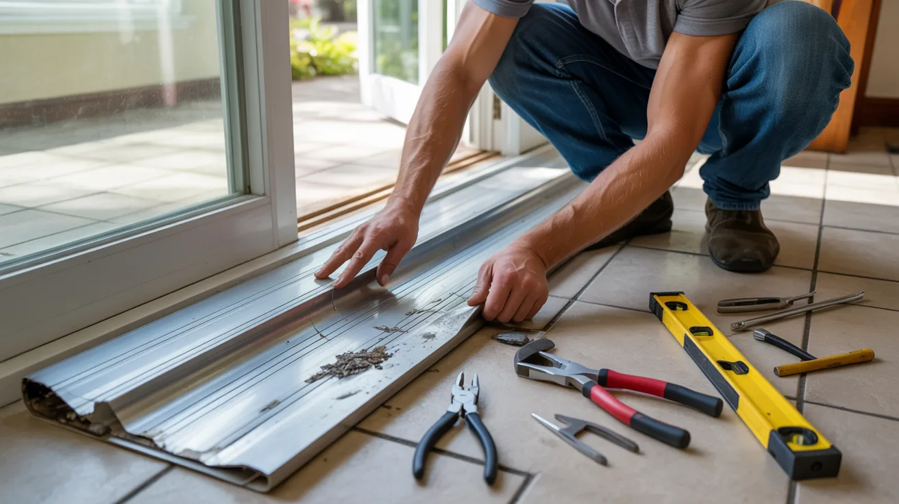 Bent sliding door track being inspected for damage