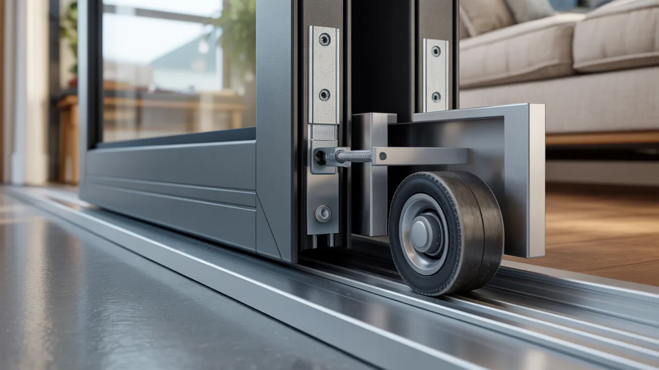 Realistic sliding door cutaway showing roller system and adjustment screw aligned with track for proper height correction.