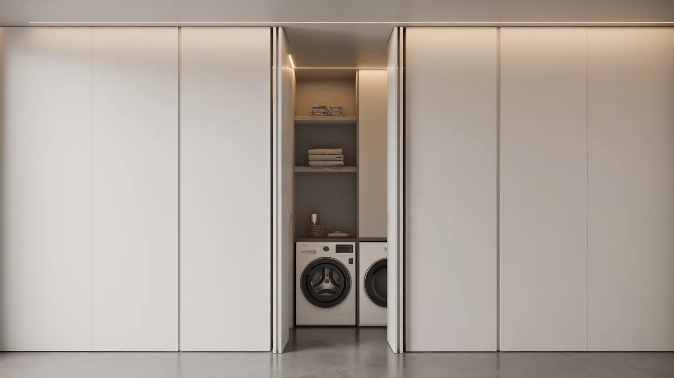 Laundry closet with space-saving white pocket doors.