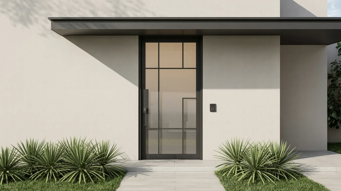 Contemporary entry door with grid-pattern etched glass creating a structured modern look.