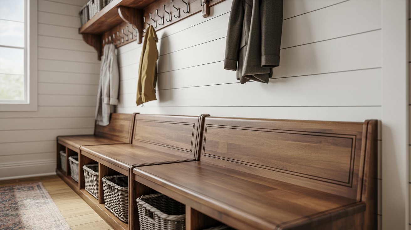 Installing coat hooks and trim on a DIY mudroom bench