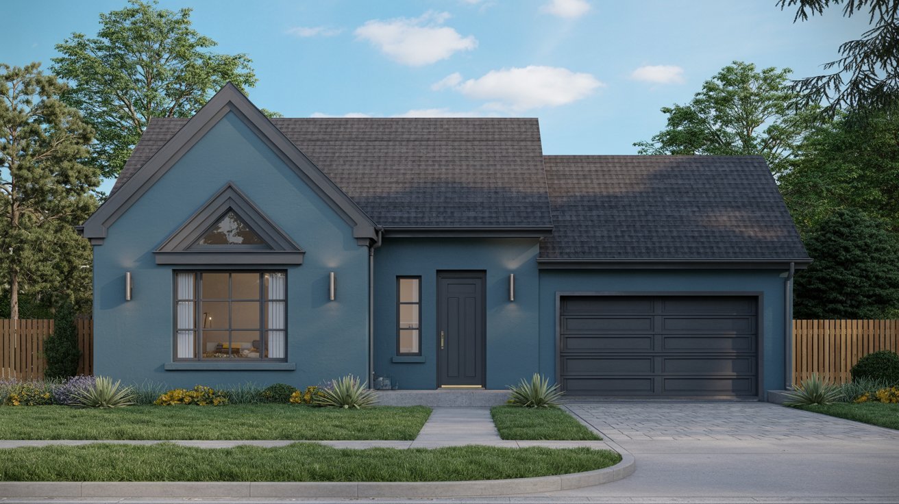 Blue house featuring a subtle gray front door for a balanced appearance.