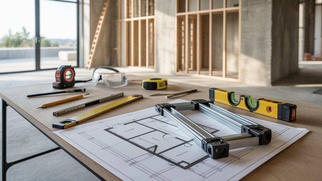 "DIY renovation planning scene with pocket door hardware kit, tools, and architectural floor plan beside an exposed wall showing preparation before installation"
