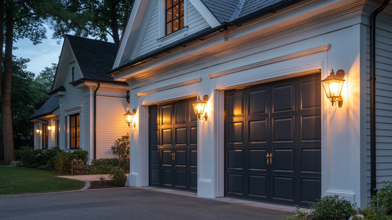 "White house with black garage doors and warm exterior lighting creating dramatic nighttime curb appeal."