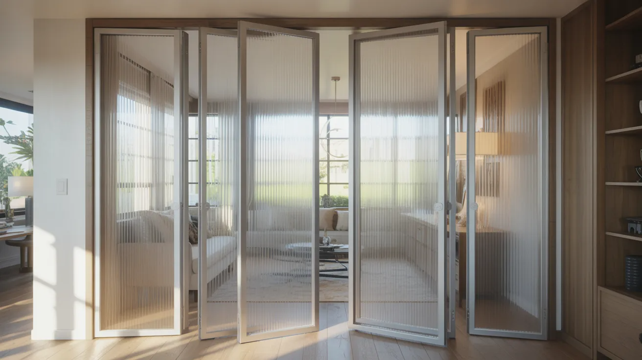 Frosted glass pocket door between a home office and living area