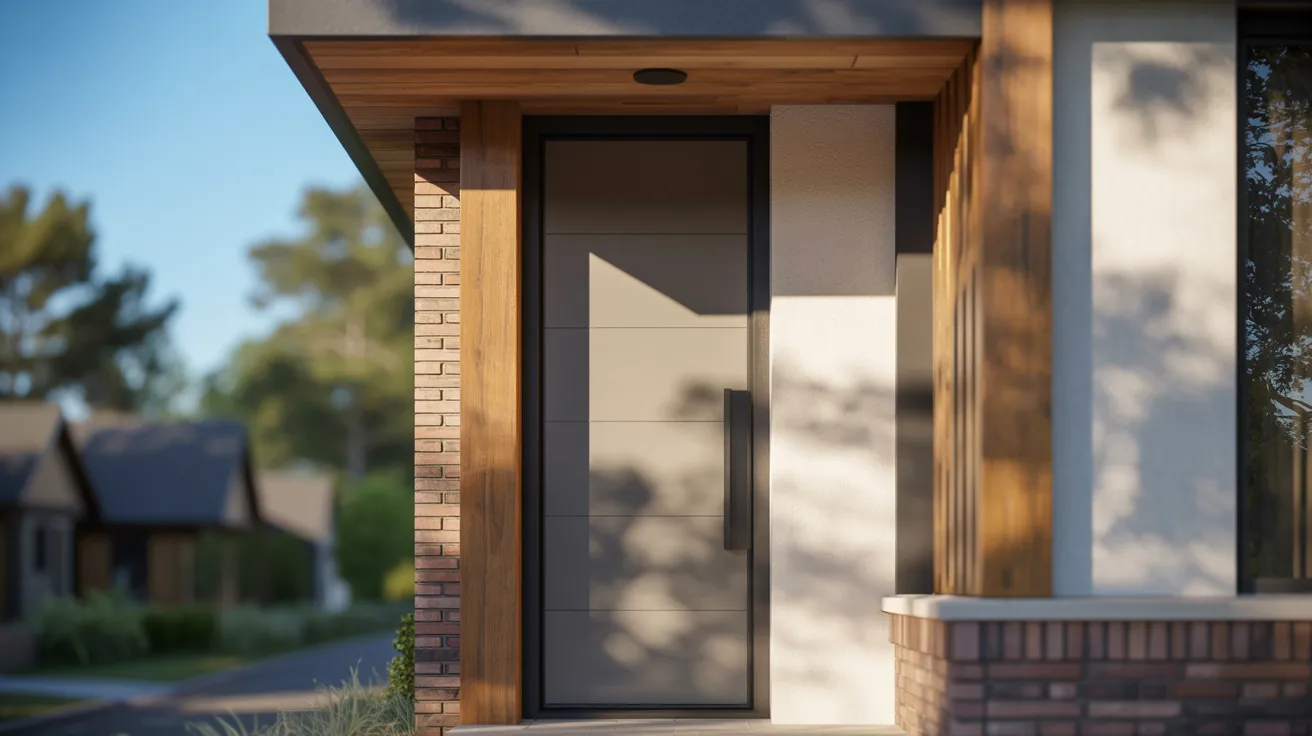 Realistic house exterior showing lighting, surroundings, and material styles influencing front door color choice factors.