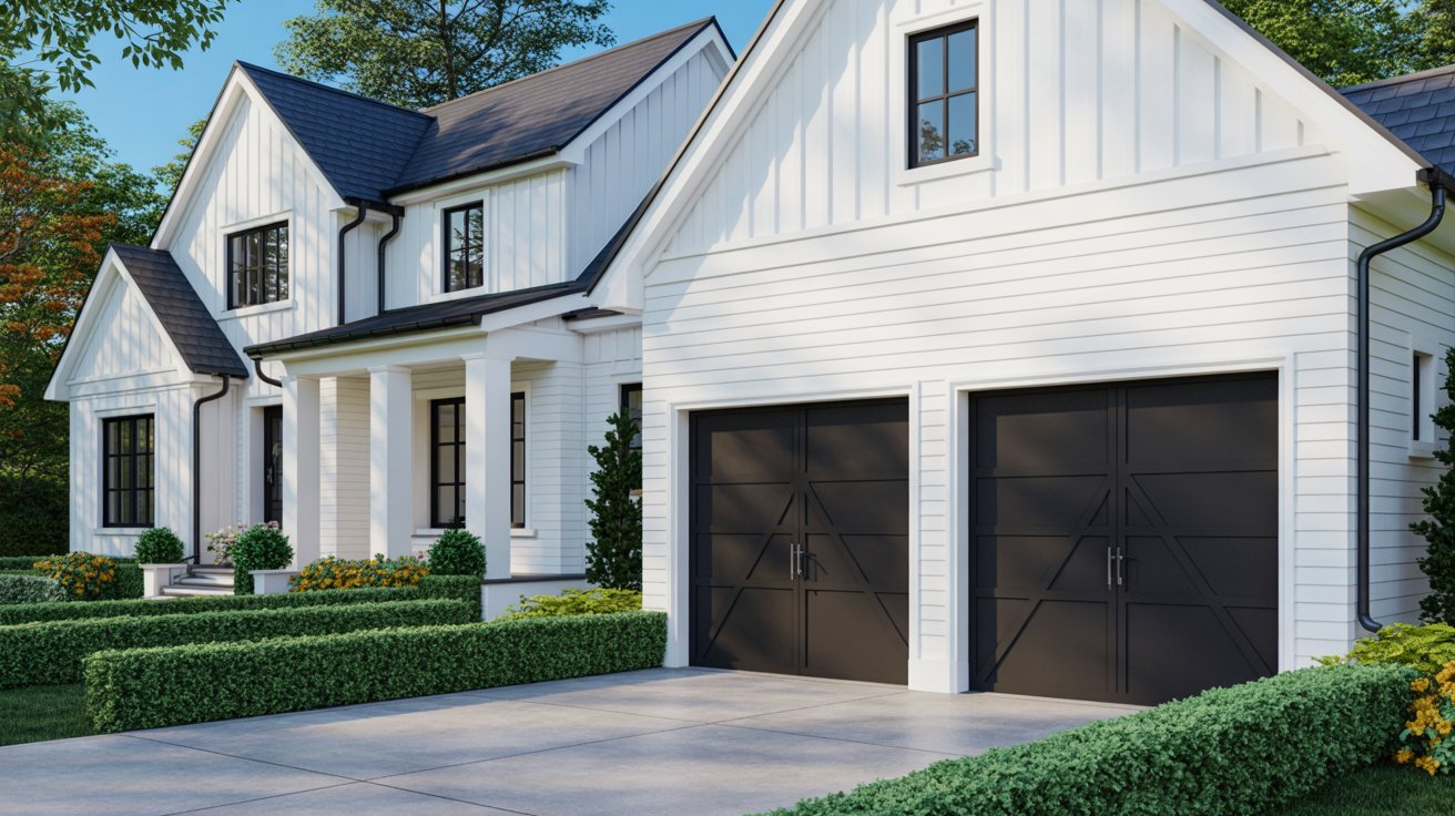 "White house with bold black garage doors showcasing modern curb appeal and high-contrast exterior design."