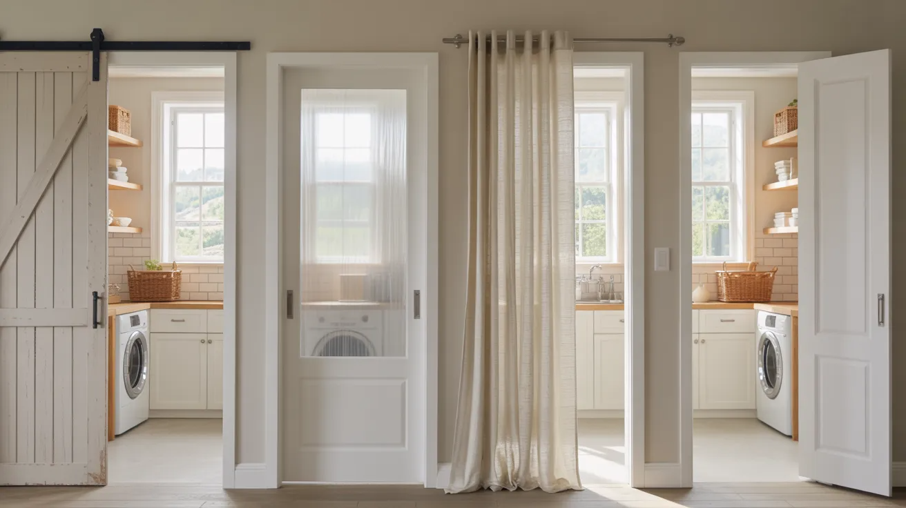 Modern laundry closet with stylish alternatives to bifold doors including barn doors and curtains.