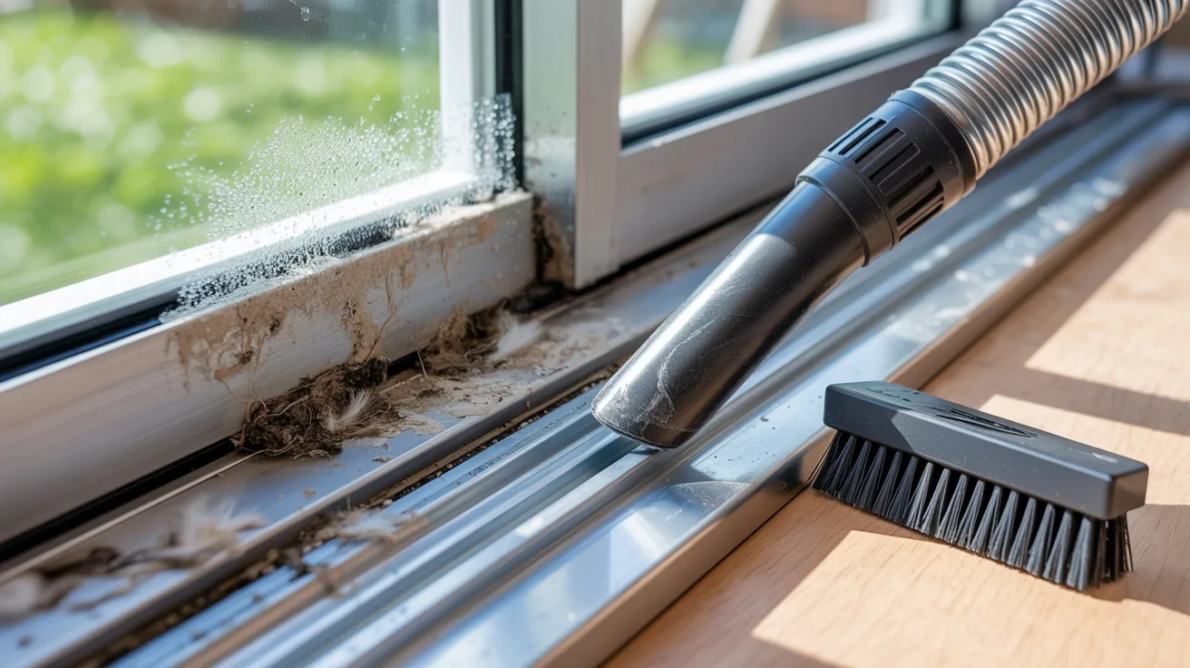 Realistic sliding door track being cleaned removing dirt and debris for smoother door movement.