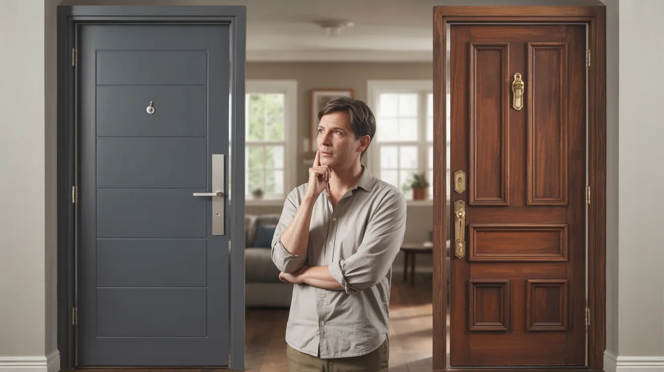 Homeowner comparing composite and wood door frame options.