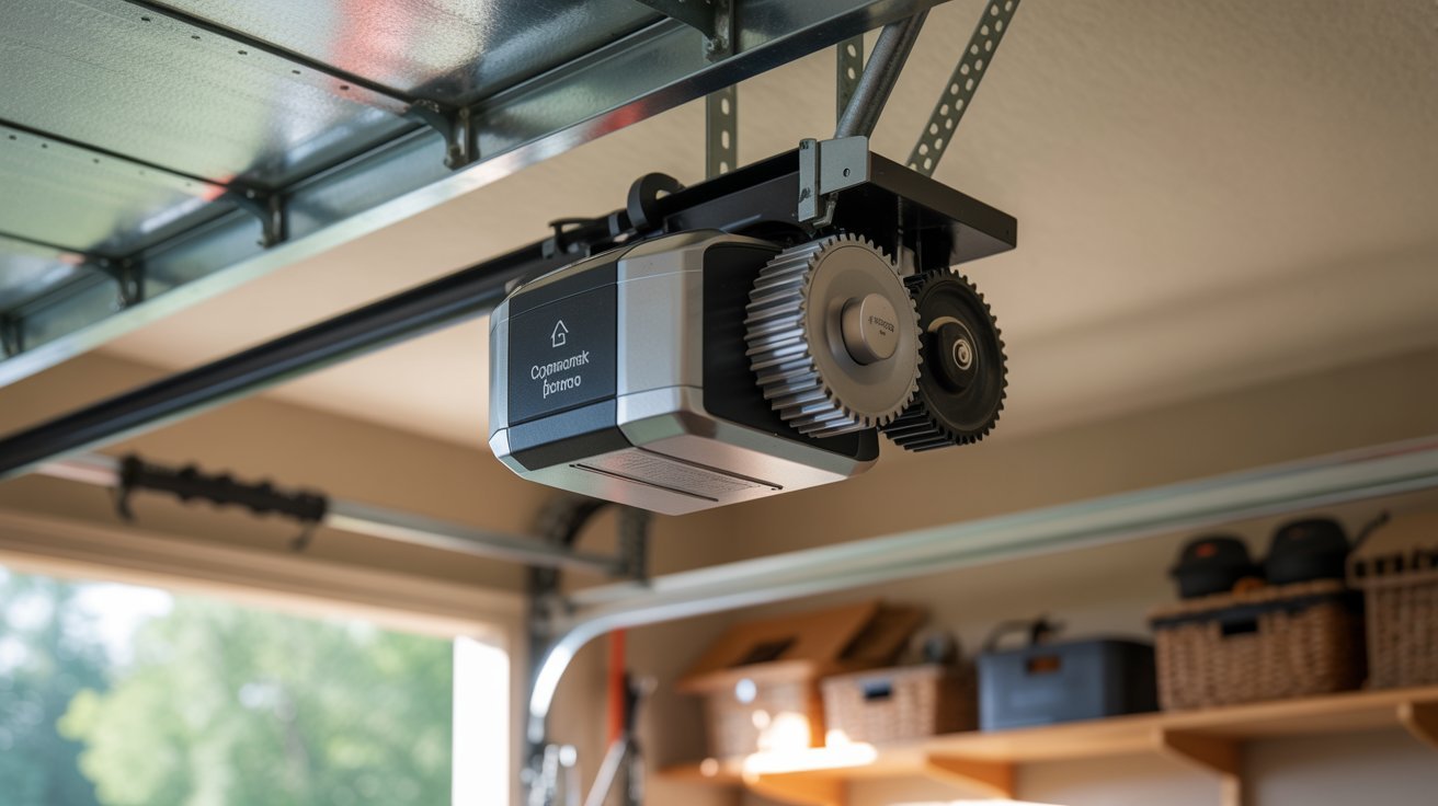 Modern garage door opener with motor, gears, drive system, and maintenance components