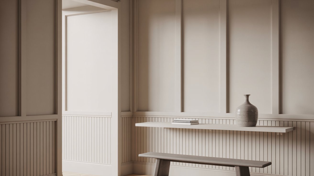 Minimalist monochrome board and batten entryway with subtle texture and clean lines.