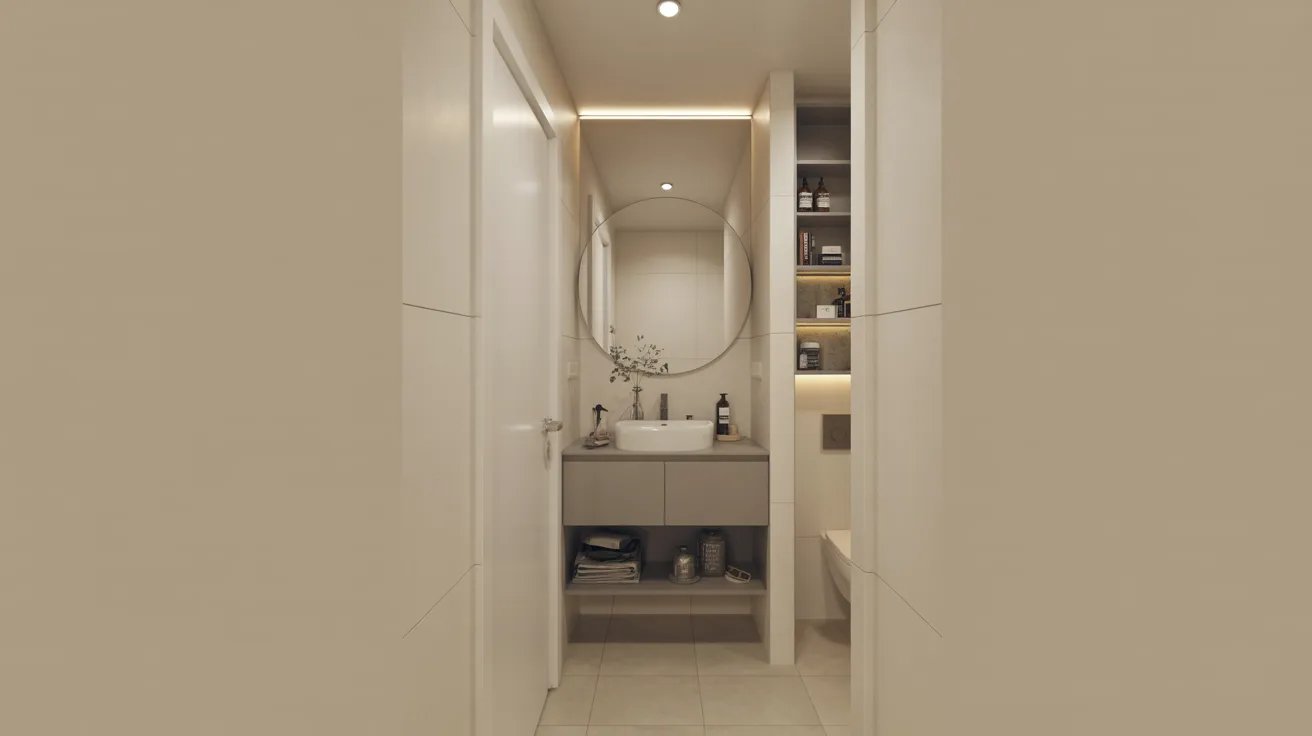 Stylish modern hallway bathroom upgrade with floating vanity, soft lighting, and minimalist design in a compact space.