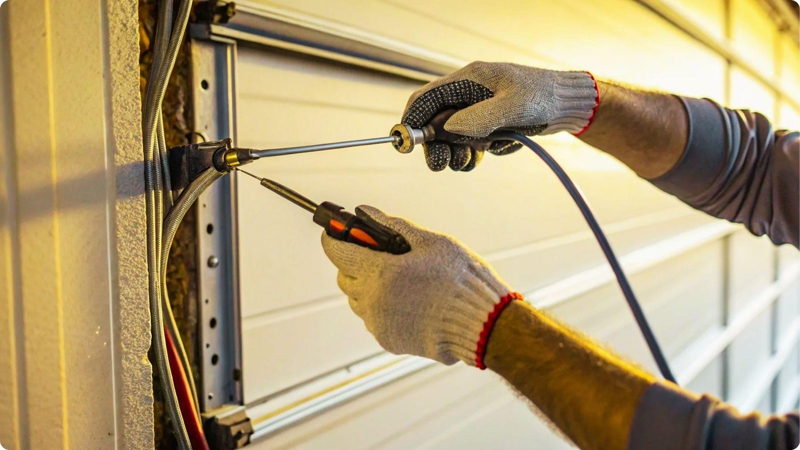 A technician wearing gloves tightens a garage door cable at the bottom bracket with two tools.