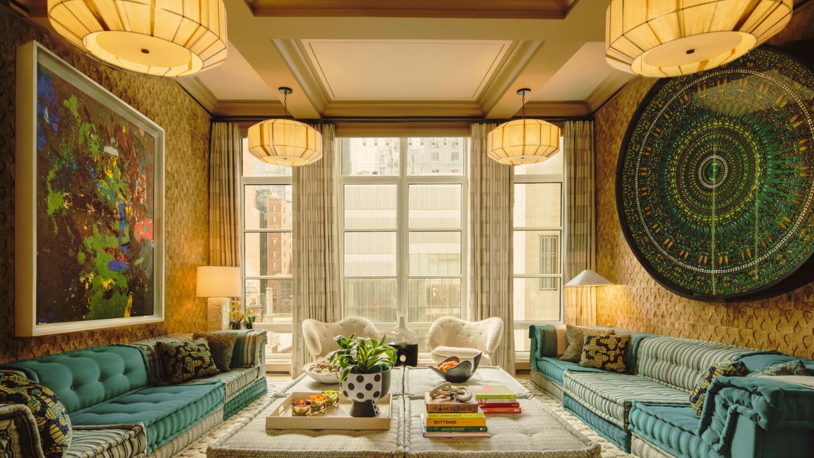 Warm layered lighting setup in a cozy living room.