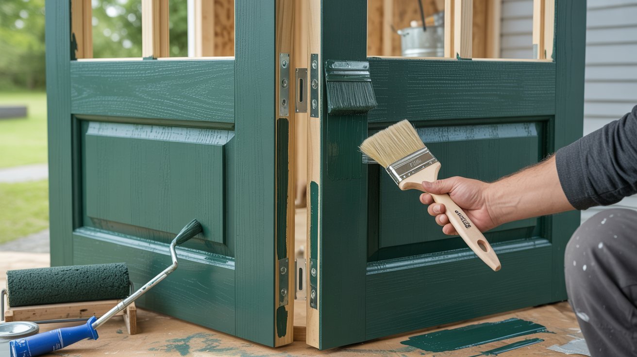 Painting and sealing double shed doors with exterior paint and protective caulk.