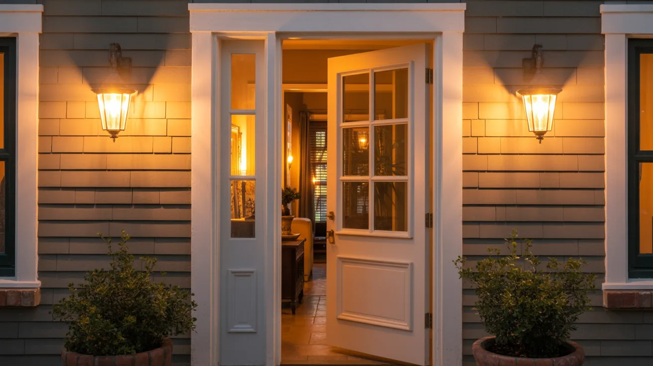 Warm lighting around the feng shui front door creating inviting glow.