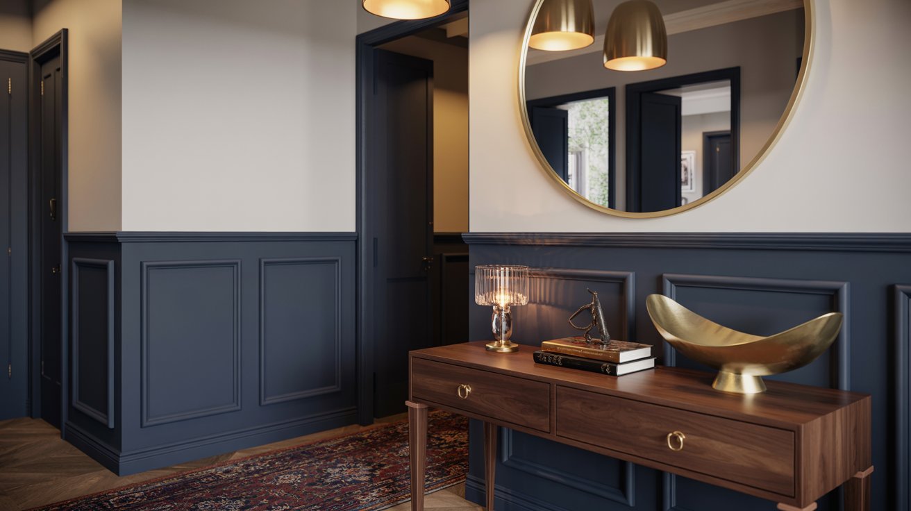 Luxurious board and batten entryway featuring gold accents, rich colors, and elegant decor.