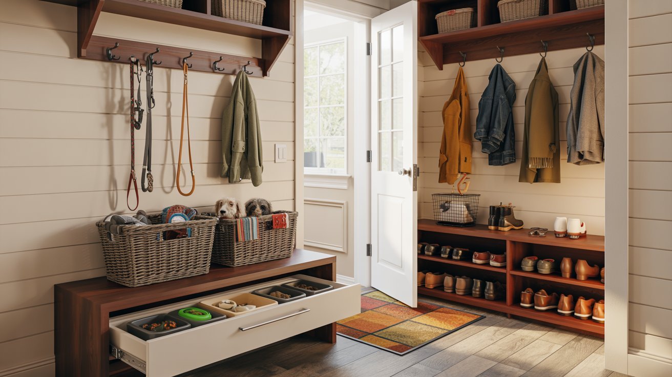 "Pet-friendly mudroom with dog leash hooks, pet storage drawers, washable mat, and organized entryway setup."