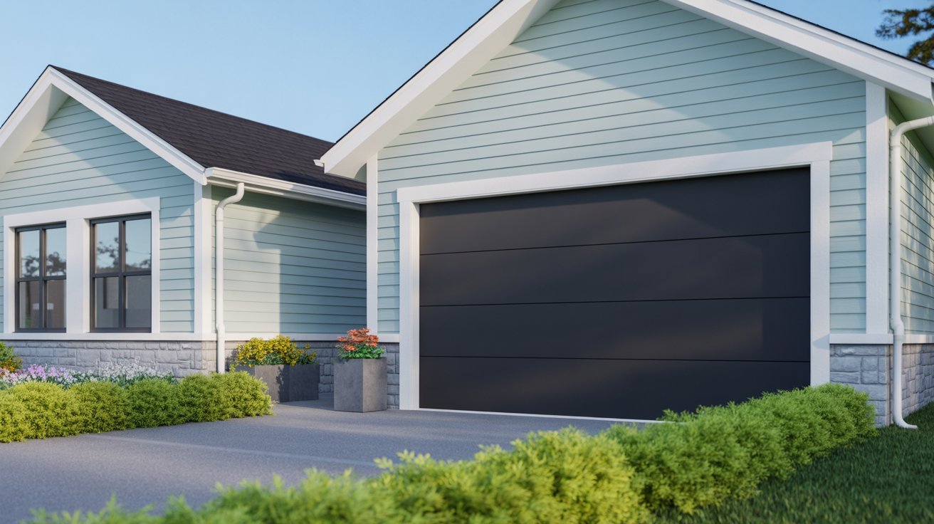 Light grey house with black double garage doors and white trim.