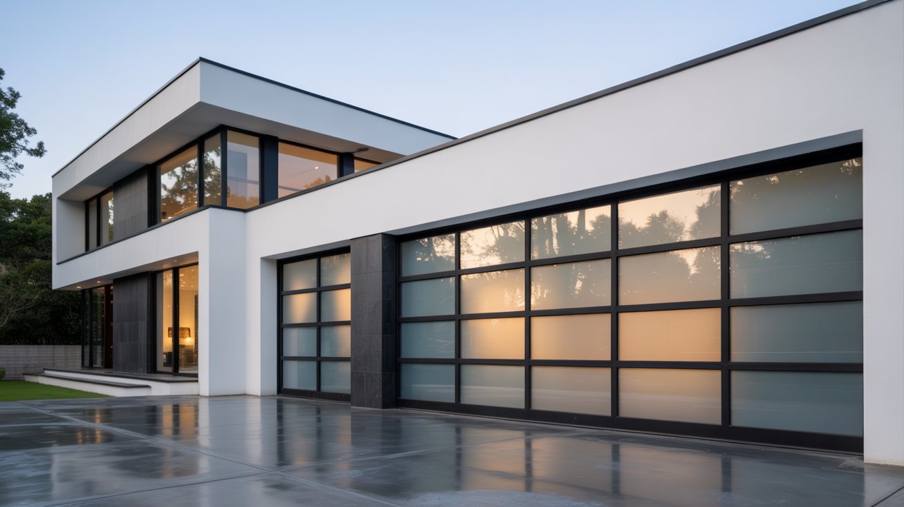 "Luxury white contemporary house with black framed glass garage doors and modern architectural design."