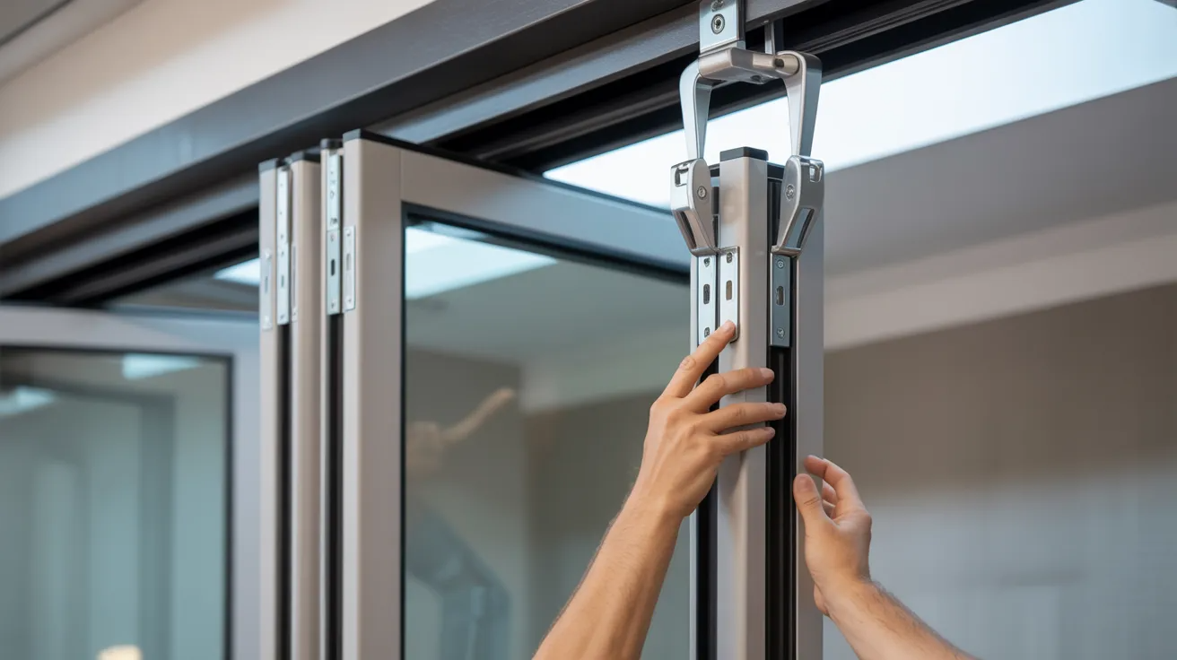 Inserting bifold door panels into the top track and bottom pivot system during installation process.