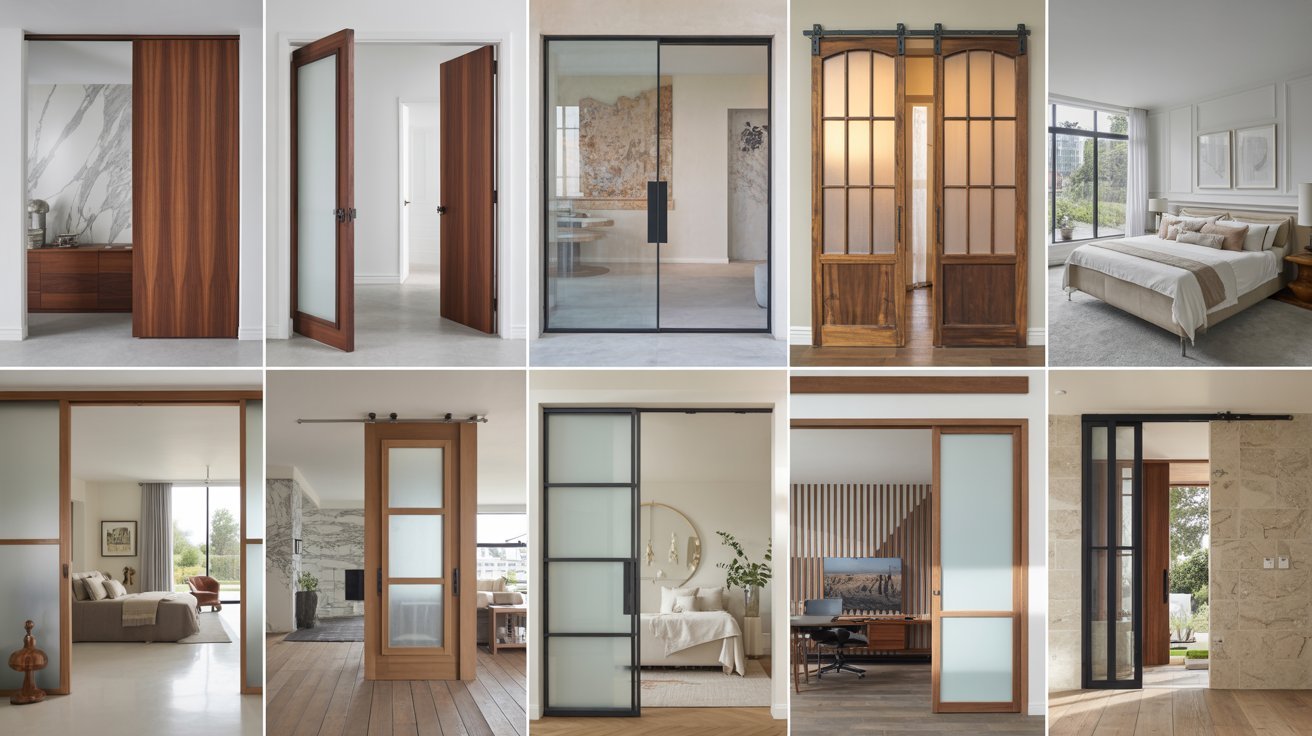 Pocket door styles displayed across modern interiors featuring glass, mirrored, French, barn, and designs.